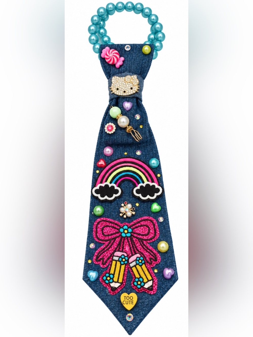 Girls Embellished Denim Tie Necklace& Bracelet Set Rainbow Pencil Bow Bling